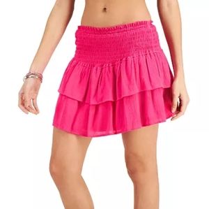 Miken‎ Solid Smocked Ruffle Swim Cover-Up Skirt Beetroot Pink
